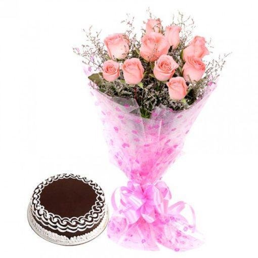 chocolate cake with pink roses