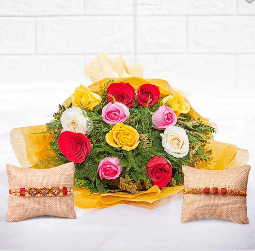 Beautiful Rakhi And Mix Roses Bouquet3